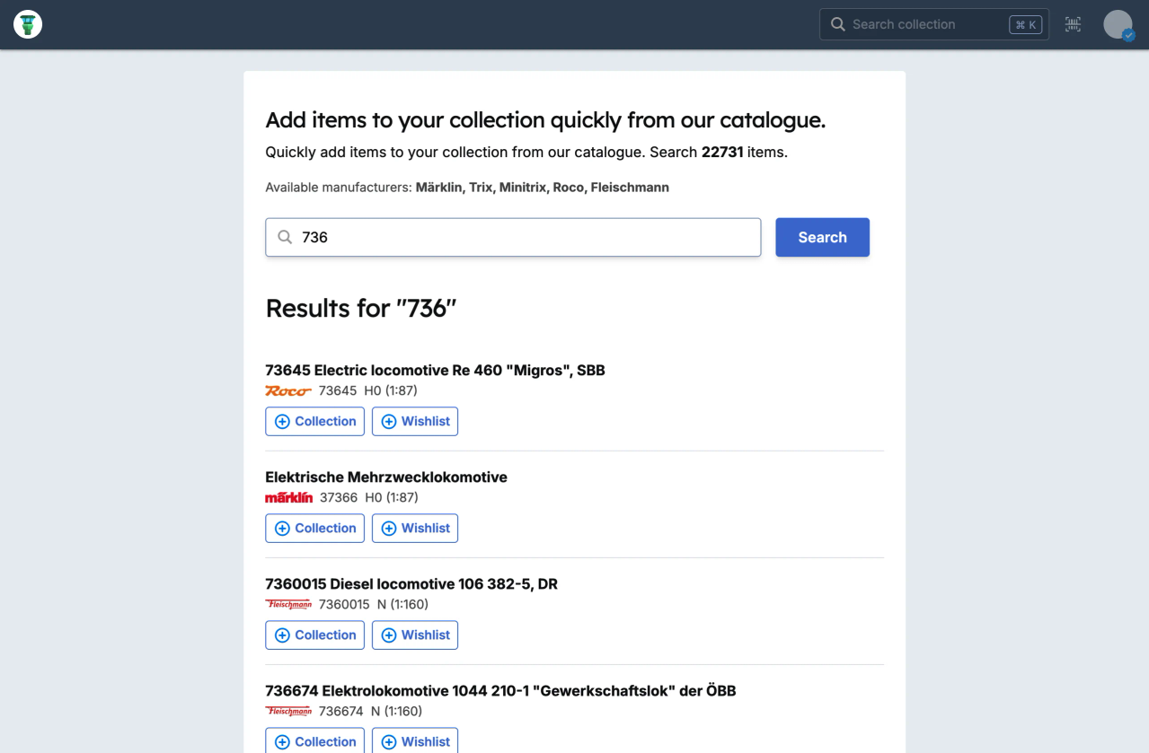 Add model trains to your database from the extensive catalogue.