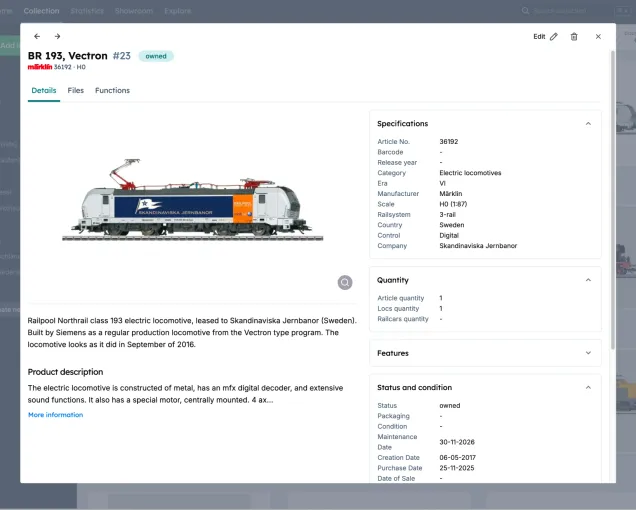 Screenshot showing detailed information and an image of a Series 189 model railway locomotive in Yard Tower
