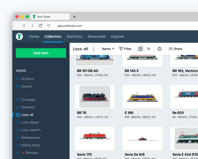 Screenshot of inventoried model railway items displayed as an image gallery in Yard Tower