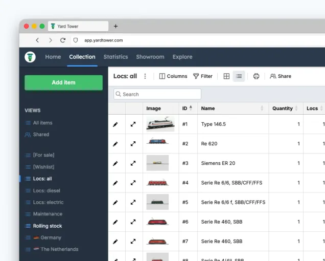 Screenshot of model railway stock catalogued in a database in Yard Tower