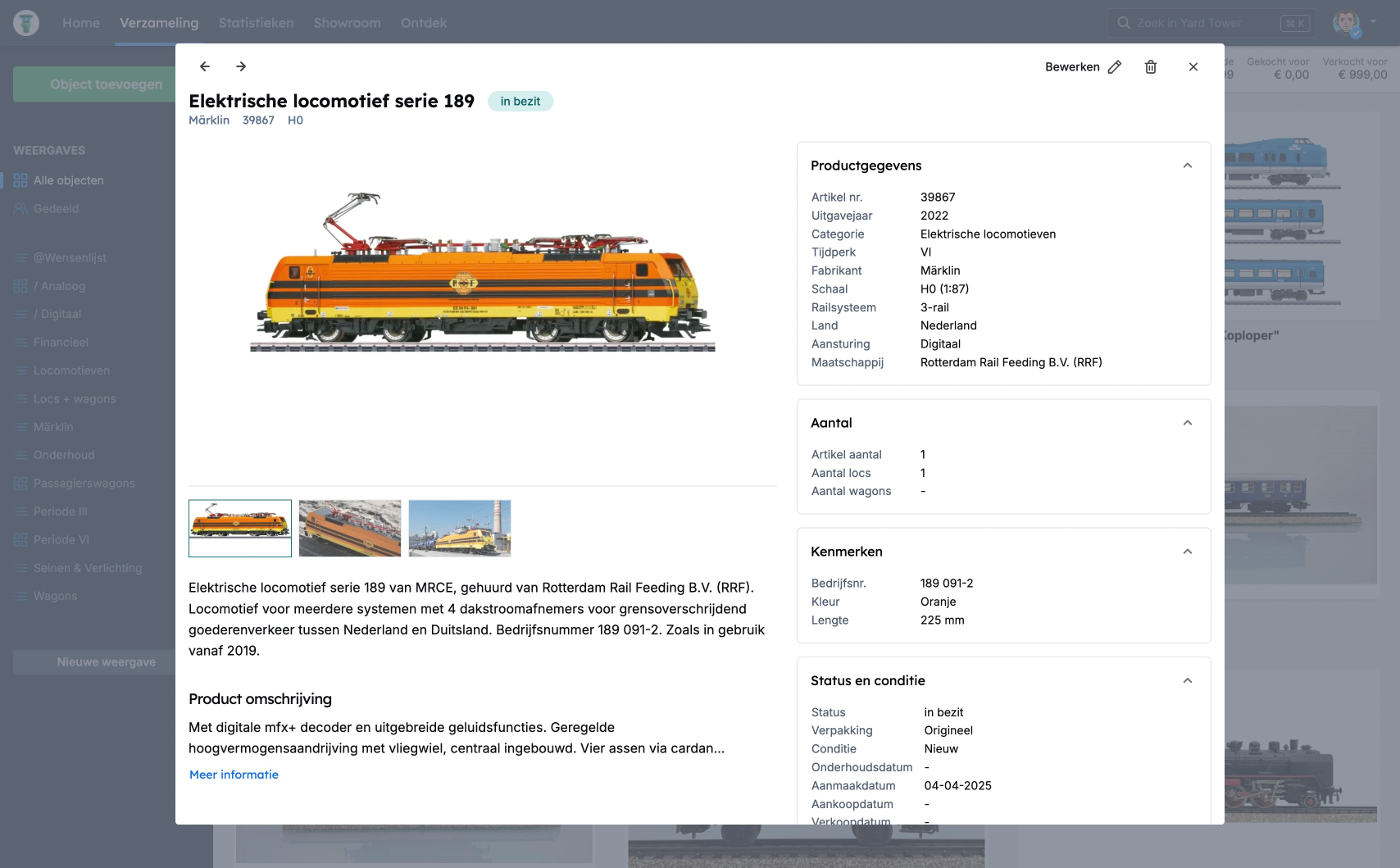 Schermafbeelding van de detailweergave in Yard Tower met uitgebreide informatie en afbeelding van een modeltrein locomotief